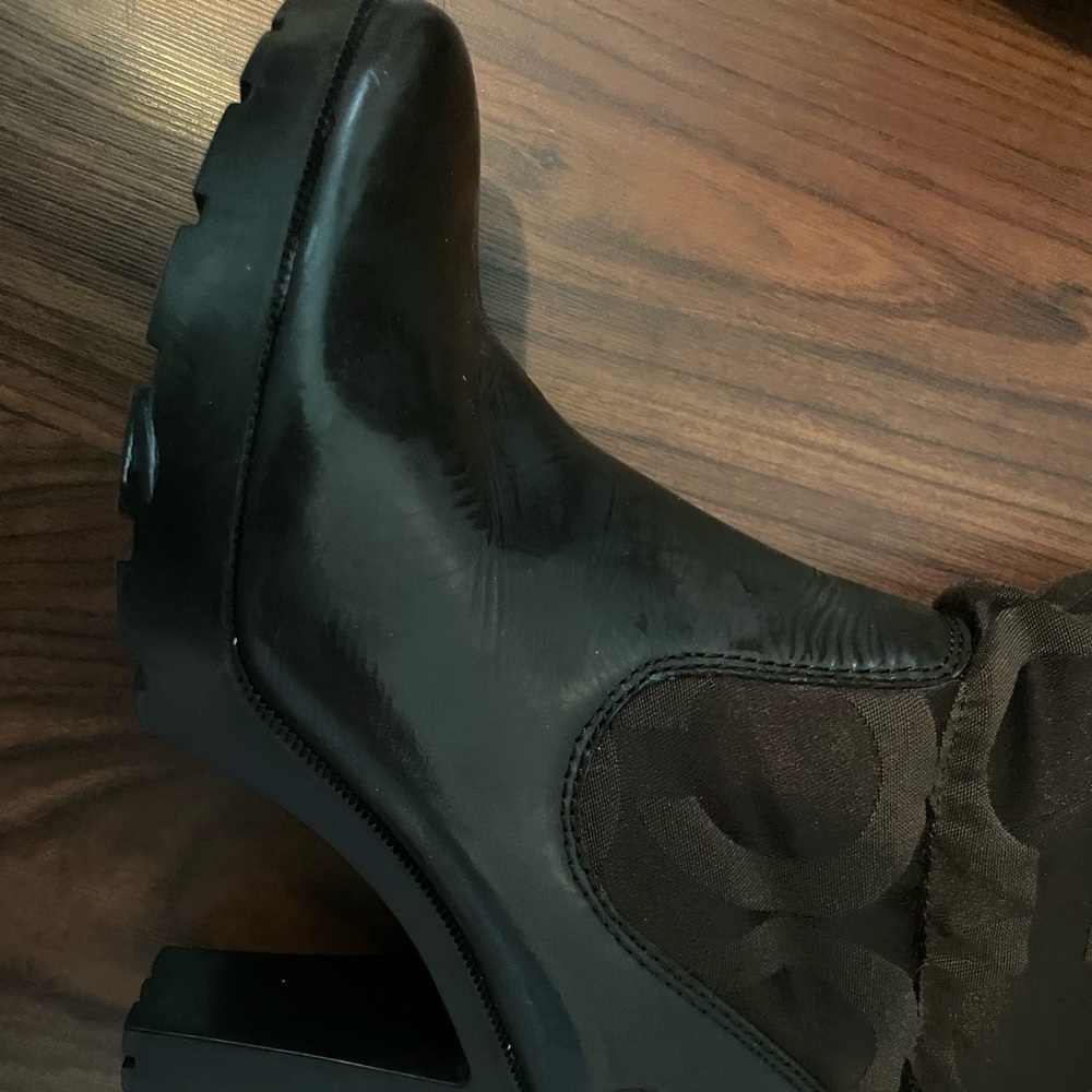 Coach Loryn womens brown quilted high heel rain boots tall puffer logo - Picture 11 of 16